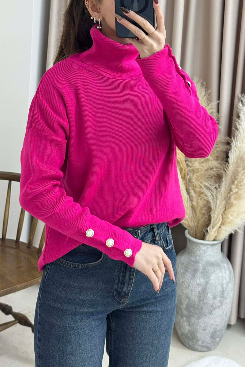 BUTTON SLEVEE HIGH NECK WOMAN SWEATER FUCHSIA/CIKLAMI - 4