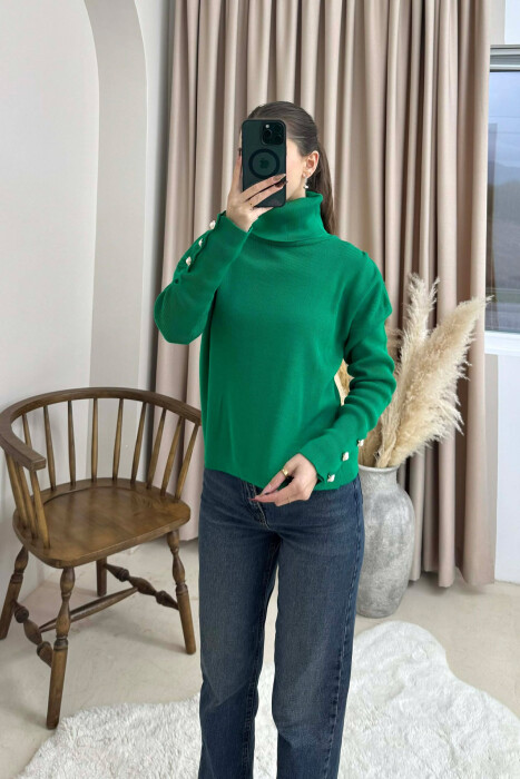 BUTTON SLEVEE HIGH NECK WOMAN SWEATER GREEN/JESHILE - 2