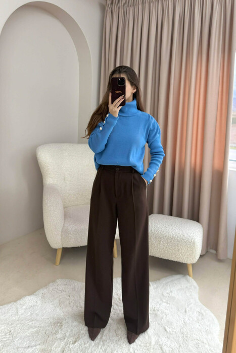 BUTTON SLEVEE HIGH NECK WOMAN SWEATER LIGHTBLUE/BZ 