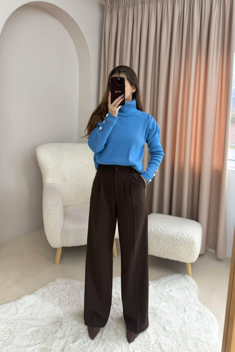 BUTTON SLEVEE HIGH NECK WOMAN SWEATER LIGHTBLUE/BZ - 1