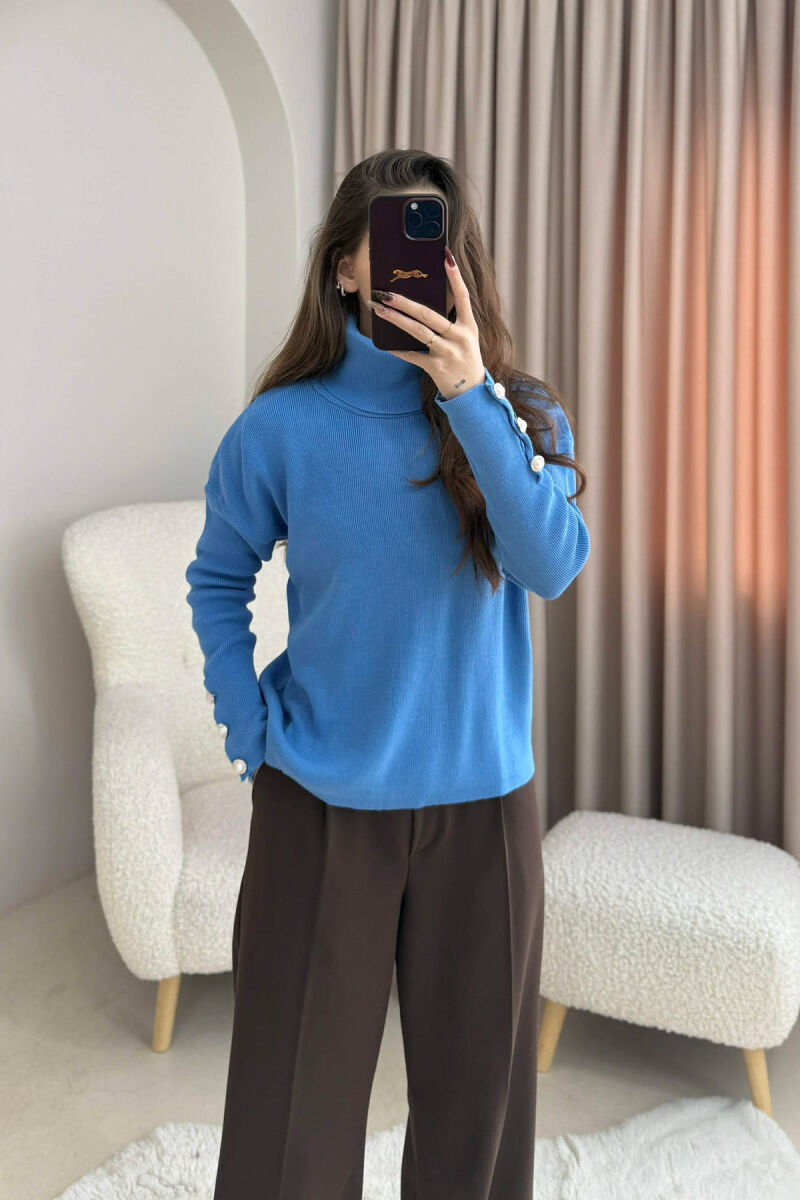 BUTTON SLEVEE HIGH NECK WOMAN SWEATER LIGHTBLUE/BZ - 3