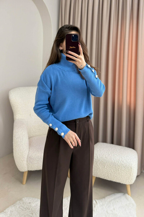 BUTTON SLEVEE HIGH NECK WOMAN SWEATER LIGHTBLUE/BZ - 2