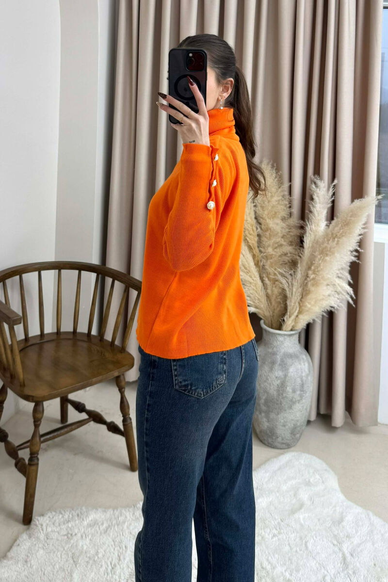 BUTTON SLEVEE HIGH NECK WOMAN SWEATER ORANGE/PORTOKALLI - 3