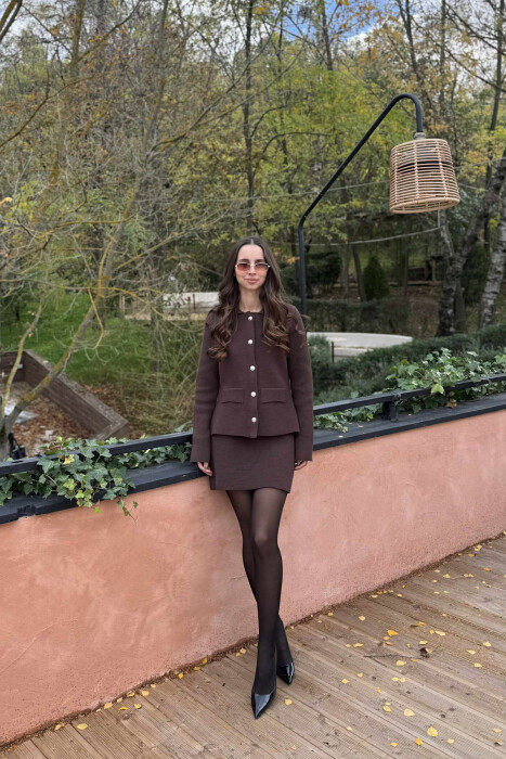 BUTTONED JACKET+SKIRT ONE COLOR WOMEN SET BROWN/KAFE 