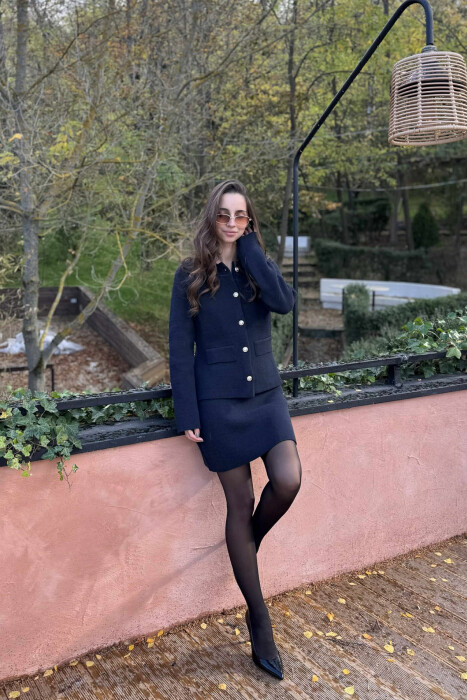 BUTTONED JACKET+SKIRT ONE COLOR WOMEN SET DARK BLUE/BEE - 1