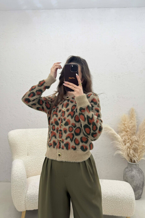 BUTTONED KNITTED LEO DESIGN WOMEN CARDIGAN BROWN/KAFE - 2