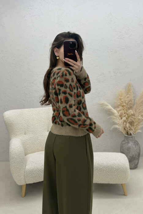 BUTTONED KNITTED LEO DESIGN WOMEN CARDIGAN BROWN/KAFE - 4