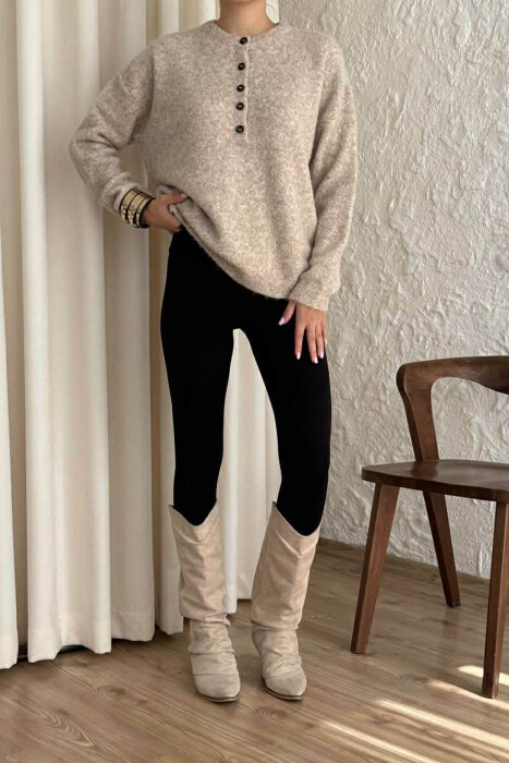 BUTTONED NECK ONE COLOR WOMEN SWEATER BEIGE/BEZHE - 1