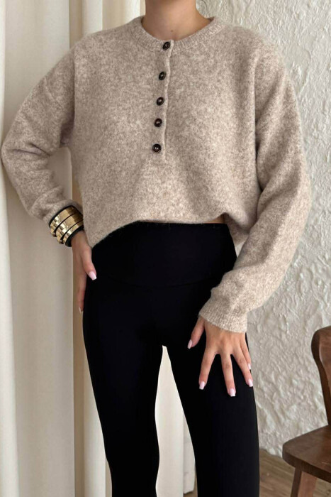 BUTTONED NECK ONE COLOR WOMEN SWEATER BEIGE/BEZHE - 2