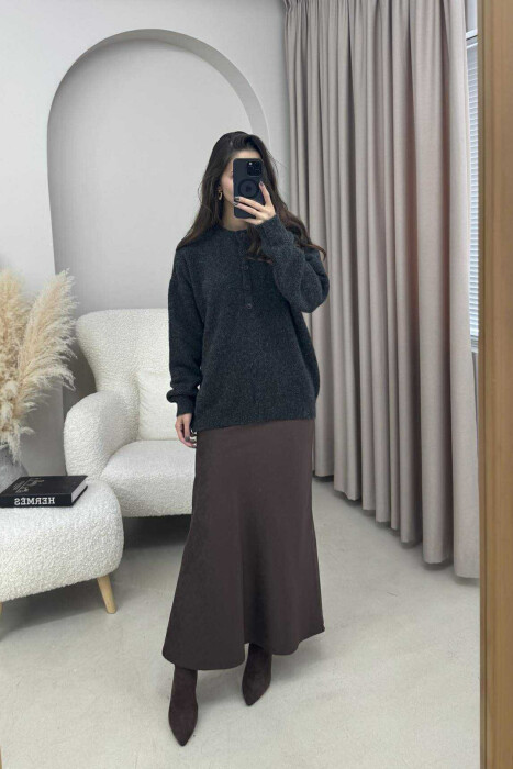 BUTTONED NECK ONE COLOR WOMEN SWEATER DARK GREY/GEE - 2