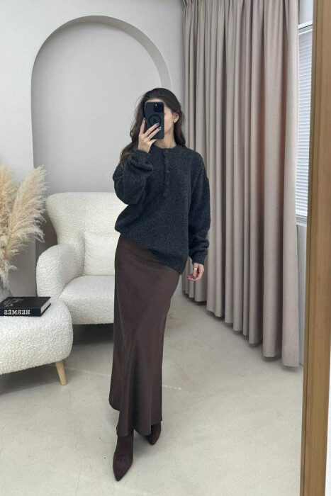 BUTTONED NECK ONE COLOR WOMEN SWEATER DARK GREY/GEE - 1