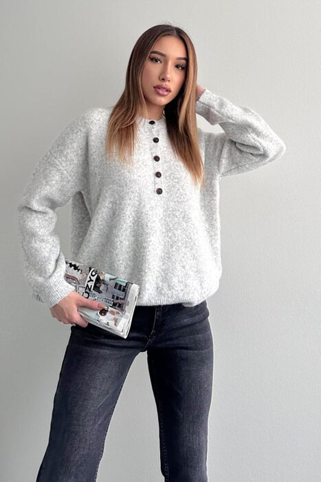 BUTTONED NECK ONE COLOR WOMEN SWEATER LIGHT GREY/GZ - 3