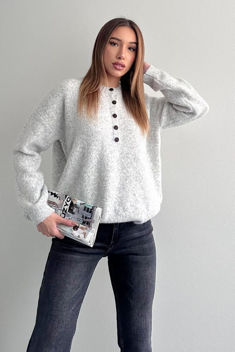 BUTTONED NECK ONE COLOR WOMEN SWEATER LIGHT GREY/GZ - 3