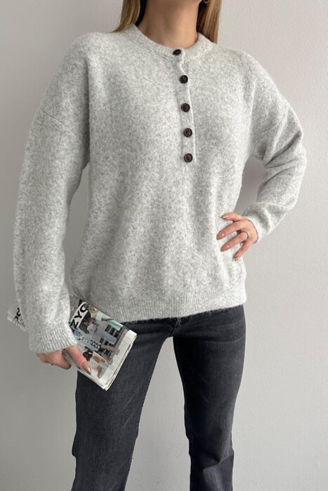 BUTTONED NECK ONE COLOR WOMEN SWEATER LIGHT GREY/GZ - 5