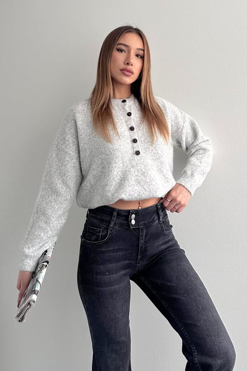 BUTTONED NECK ONE COLOR WOMEN SWEATER LIGHT GREY/GZ - 2