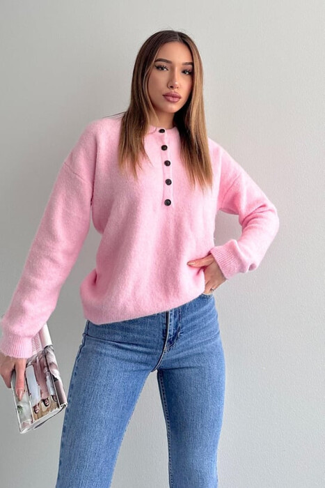 BUTTONED NECK ONE COLOR WOMEN SWEATER PINK/ROZE - 1