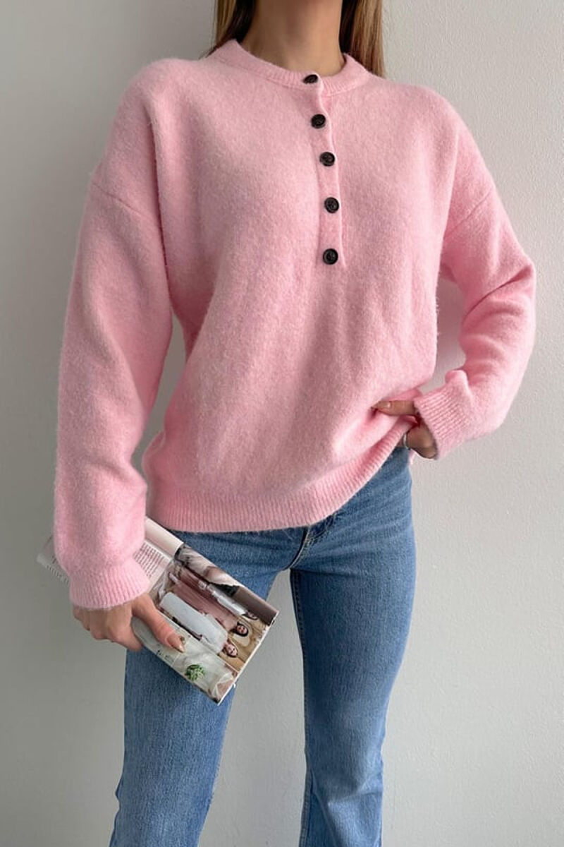 BUTTONED NECK ONE COLOR WOMEN SWEATER PINK/ROZE - 2