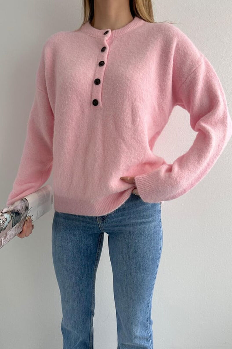 BUTTONED NECK ONE COLOR WOMEN SWEATER PINK/ROZE - 3