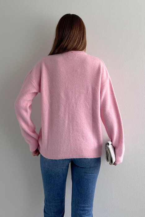 BUTTONED NECK ONE COLOR WOMEN SWEATER PINK/ROZE - 4