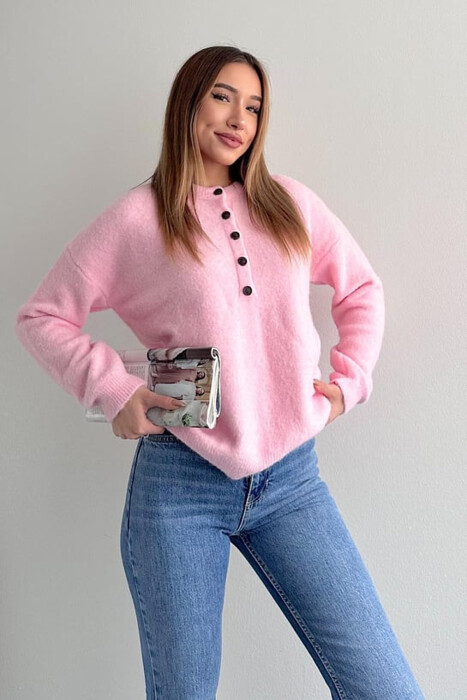 BUTTONED NECK ONE COLOR WOMEN SWEATER PINK/ROZE - 5