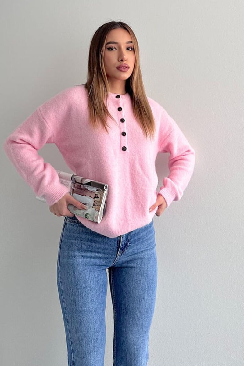 BUTTONED NECK ONE COLOR WOMEN SWEATER PINK/ROZE - 6