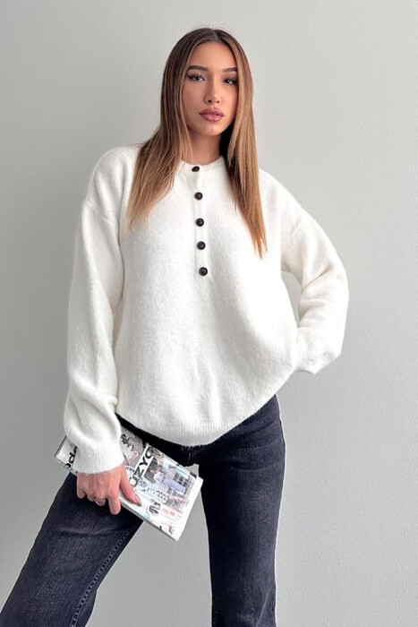 BUTTONED NECK ONE COLOR WOMEN SWEATER WHITE-E BARDHE 