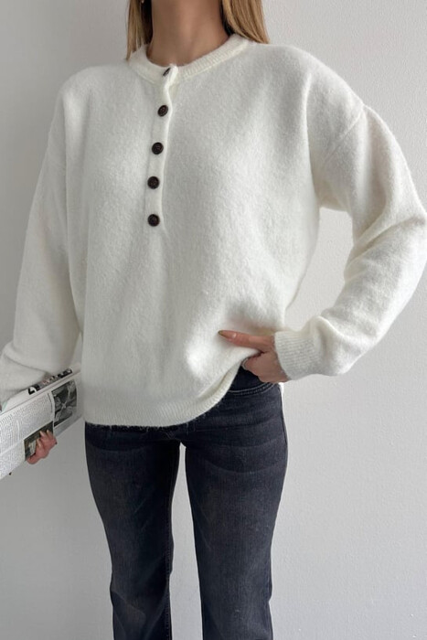 BUTTONED NECK ONE COLOR WOMEN SWEATER WHITE-E BARDHE - 5