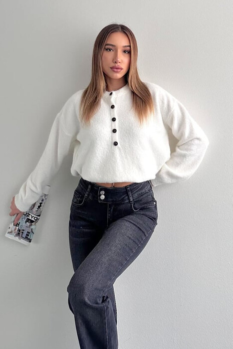 BUTTONED NECK ONE COLOR WOMEN SWEATER WHITE-E BARDHE - 3