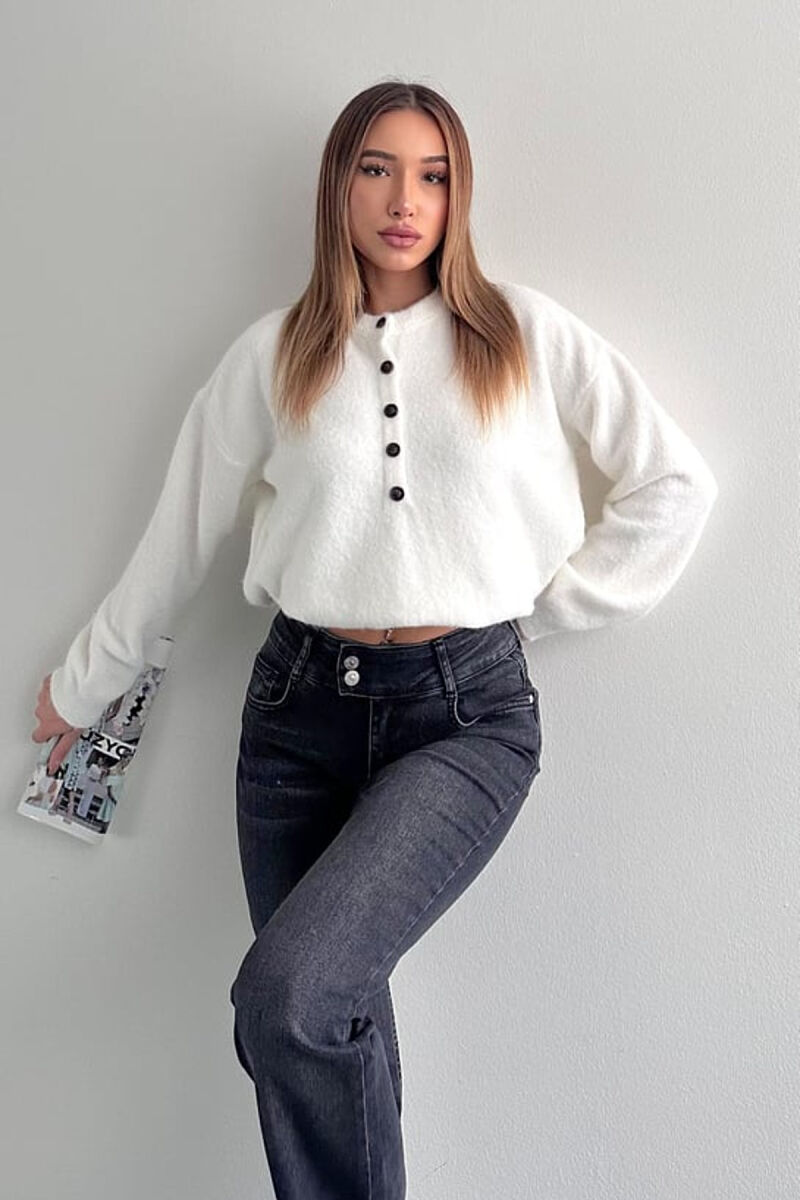 BUTTONED NECK ONE COLOR WOMEN SWEATER WHITE-E BARDHE - 3