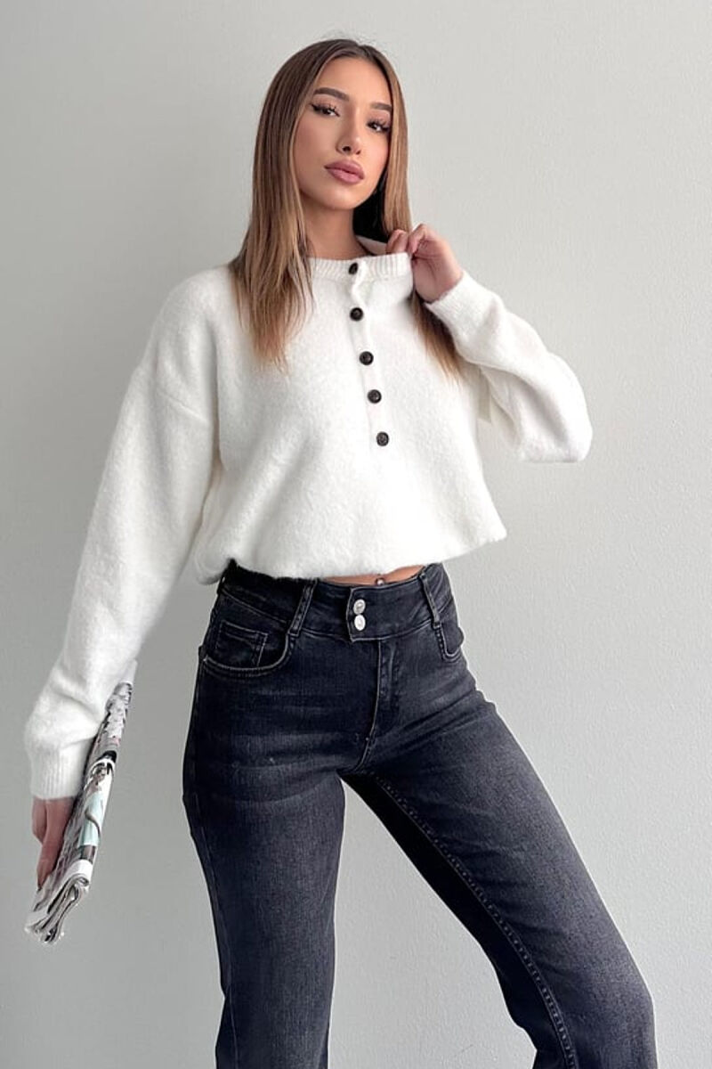 BUTTONED NECK ONE COLOR WOMEN SWEATER WHITE-E BARDHE - 2