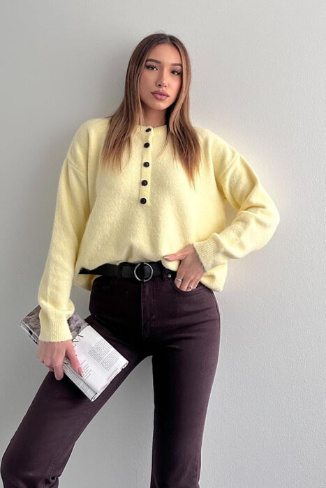 BUTTONED NECK ONE COLOR WOMEN SWEATER YELLOW/E VERDHE - 1