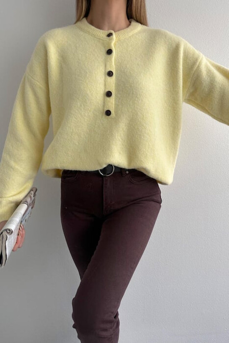 BUTTONED NECK ONE COLOR WOMEN SWEATER YELLOW/E VERDHE - 4
