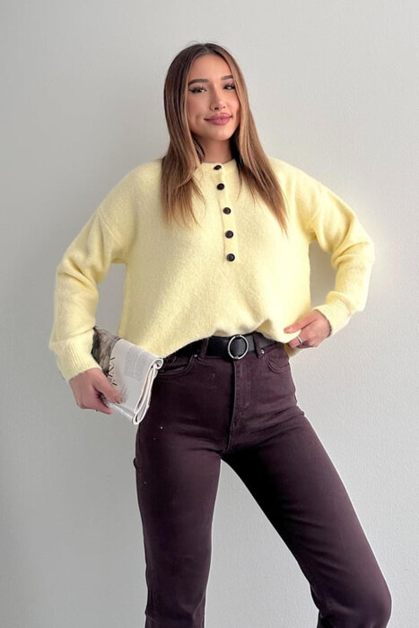 BUTTONED NECK ONE COLOR WOMEN SWEATER YELLOW/E VERDHE - 8