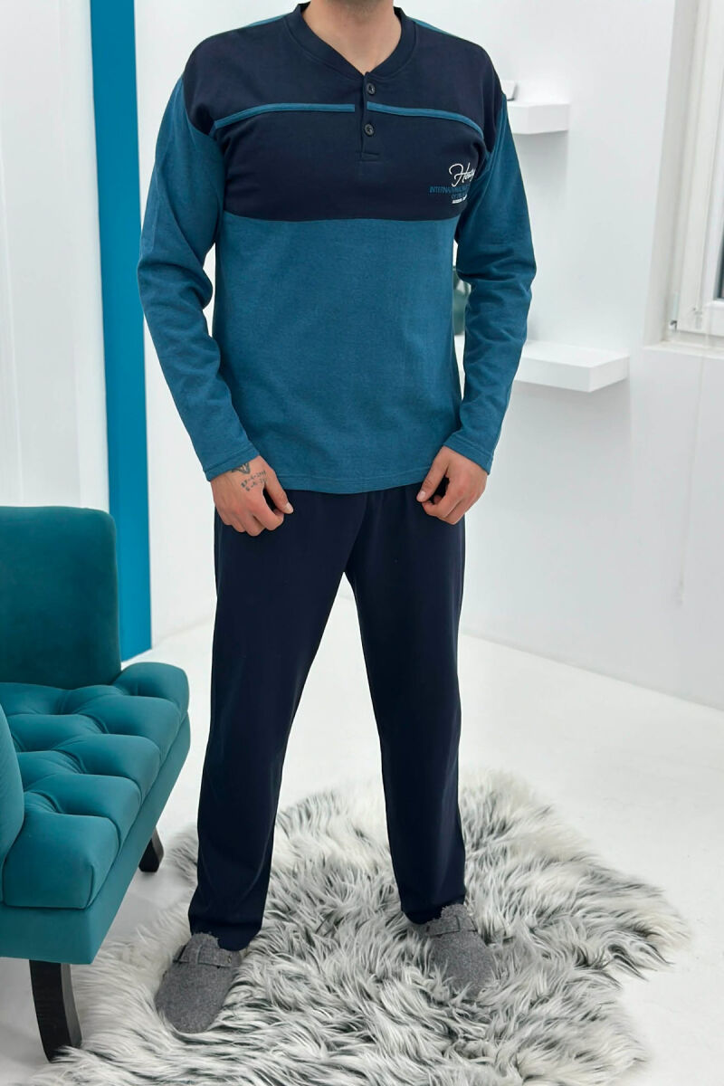 BUTTONED NECK SIMPLE SWEATSHIRT+SWEATPANTS MEN PYJAMAS BLUE STONE/GK - 1