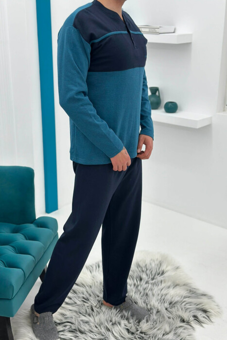BUTTONED NECK SIMPLE SWEATSHIRT+SWEATPANTS MEN PYJAMAS BLUE STONE/GK - 3