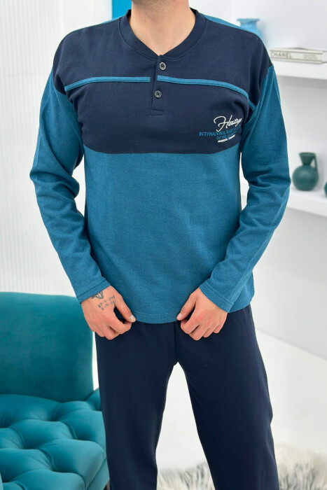 BUTTONED NECK SIMPLE SWEATSHIRT+SWEATPANTS MEN PYJAMAS BLUE STONE/GK - 5