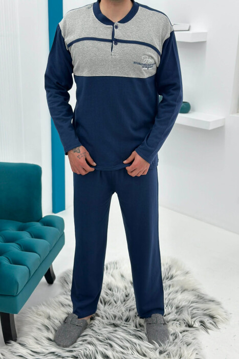 BUTTONED NECK SIMPLE SWEATSHIRT+SWEATPANTS MEN PYJAMAS BLUE/BLU 