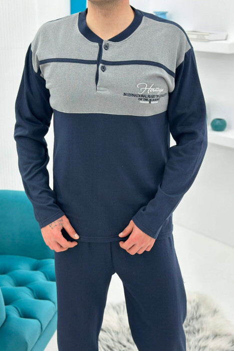 BUTTONED NECK SIMPLE SWEATSHIRT+SWEATPANTS MEN PYJAMAS DARK BLUE/BEE 