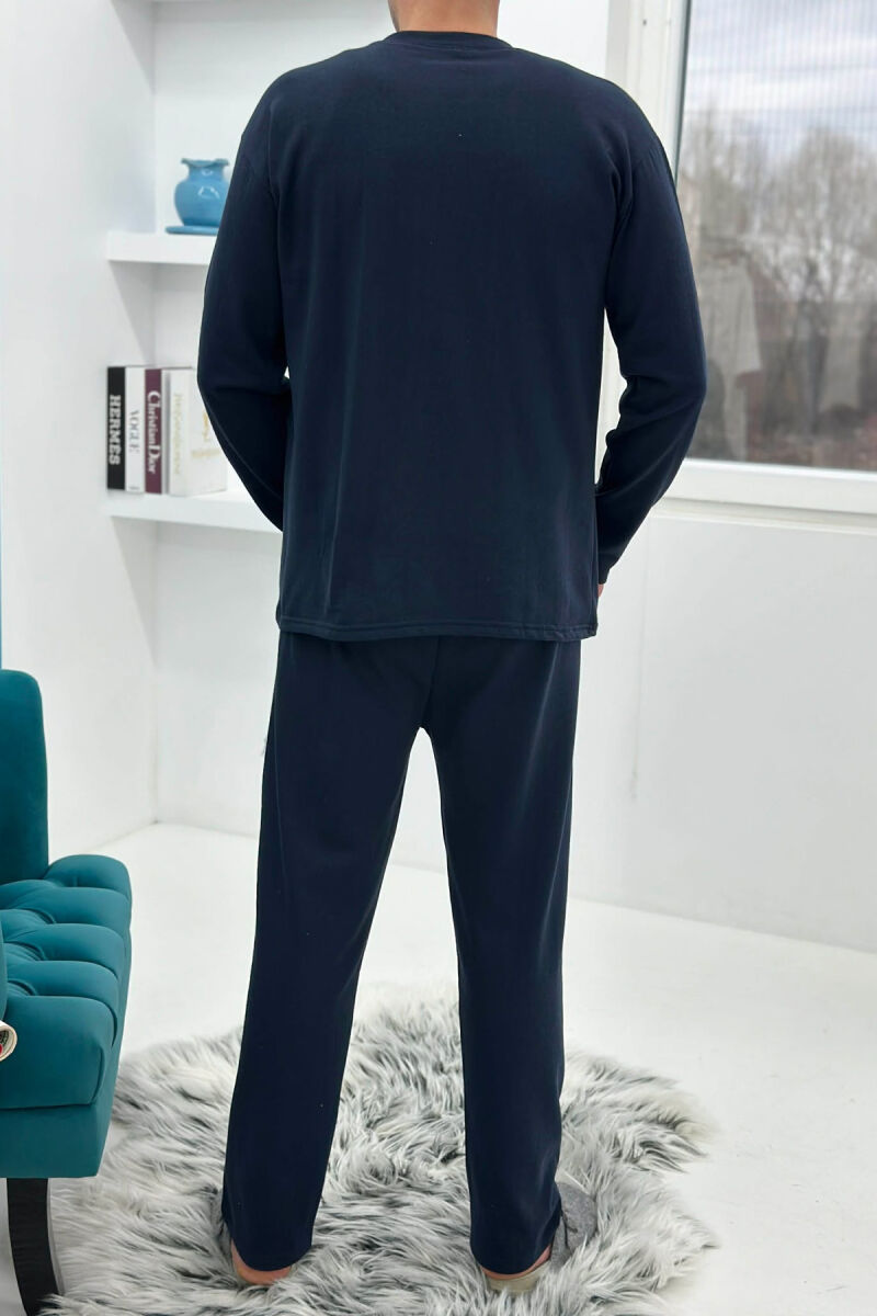 BUTTONED NECK SIMPLE SWEATSHIRT+SWEATPANTS MEN PYJAMAS DARK BLUE/BEE - 3