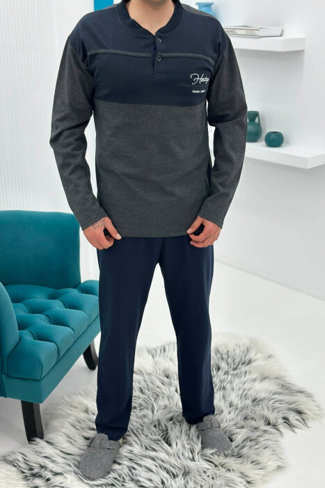 BUTTONED NECK SIMPLE SWEATSHIRT+SWEATPANTS MEN PYJAMAS DARK GREY/GEE - 1