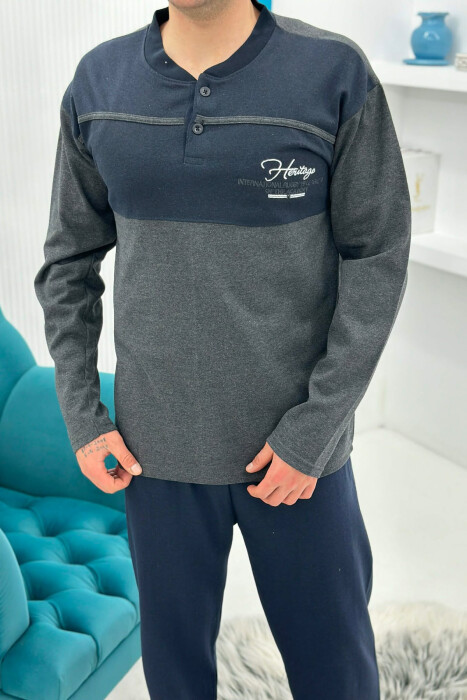 BUTTONED NECK SIMPLE SWEATSHIRT+SWEATPANTS MEN PYJAMAS DARK GREY/GEE - 3