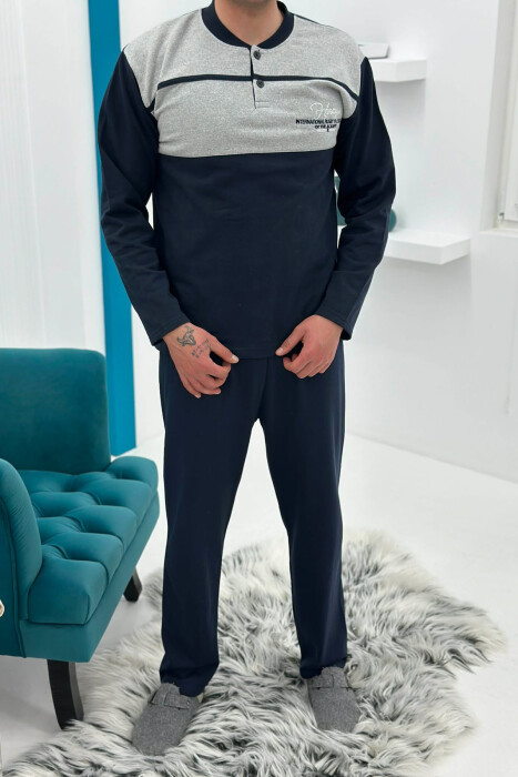 BUTTONED NECK SIMPLE SWEATSHIRT+SWEATPANTS MEN PYJAMAS GREY-DARK BLUE/GRBEE 