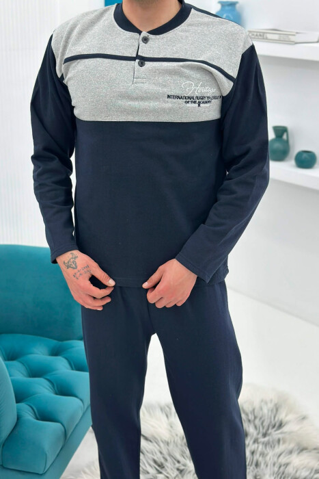 BUTTONED NECK SIMPLE SWEATSHIRT+SWEATPANTS MEN PYJAMAS GREY-DARK BLUE/GRBEE - 2
