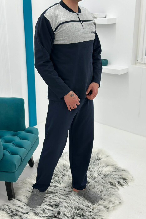 BUTTONED NECK SIMPLE SWEATSHIRT+SWEATPANTS MEN PYJAMAS GREY-DARK BLUE/GRBEE - 4