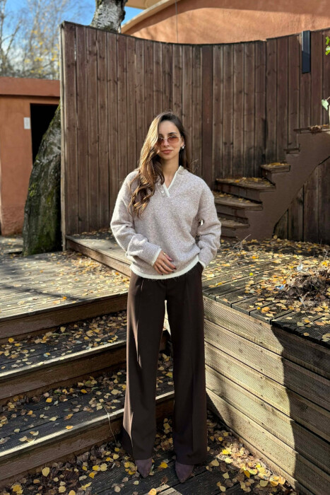 BUTTONED NECK SIMPLE WOMEN SWEATER BEIGE/BEZHE - 1