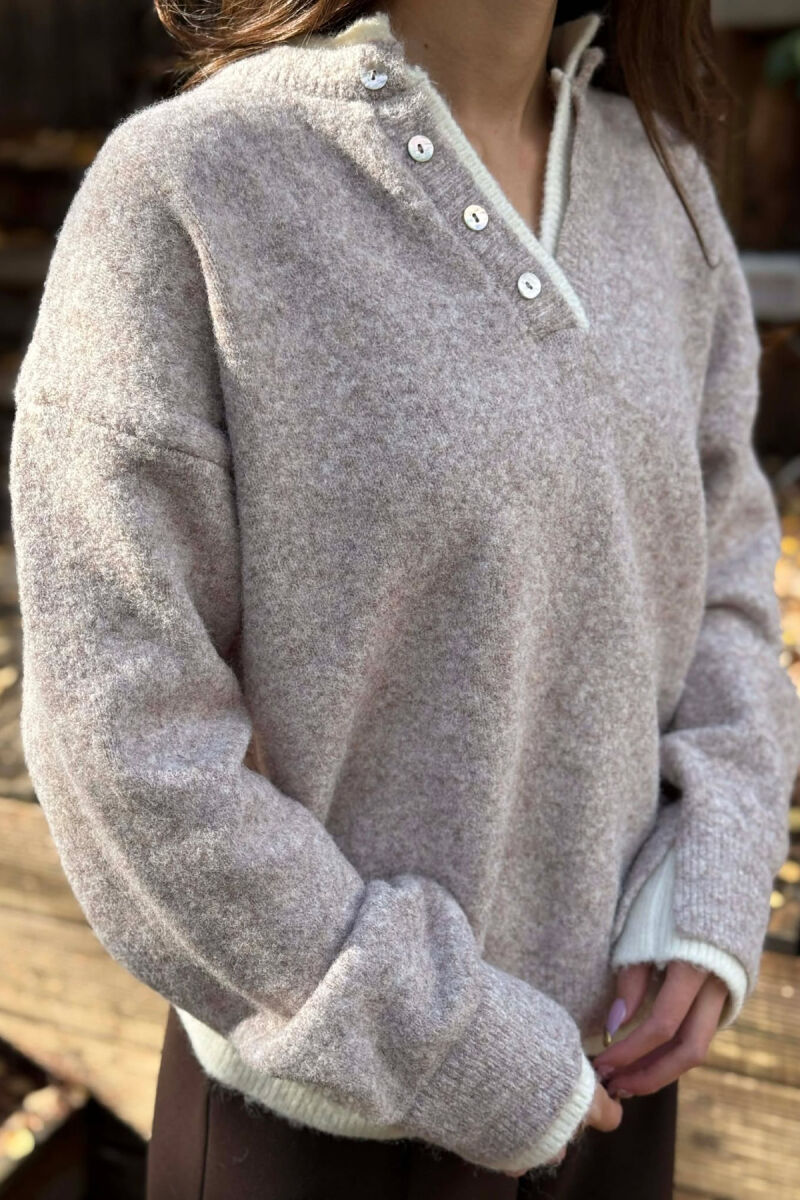 BUTTONED NECK SIMPLE WOMEN SWEATER BEIGE/BEZHE - 5