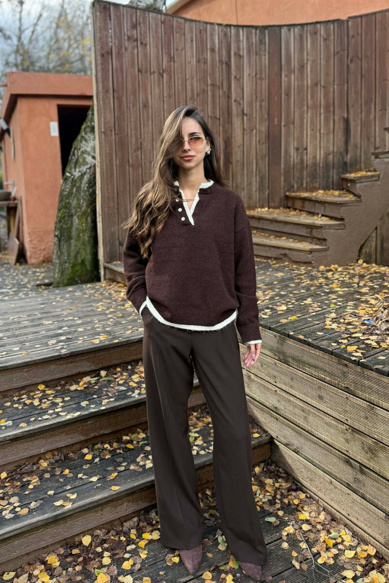 BUTTONED NECK SIMPLE WOMEN SWEATER DARK BROWN/KAE - 1