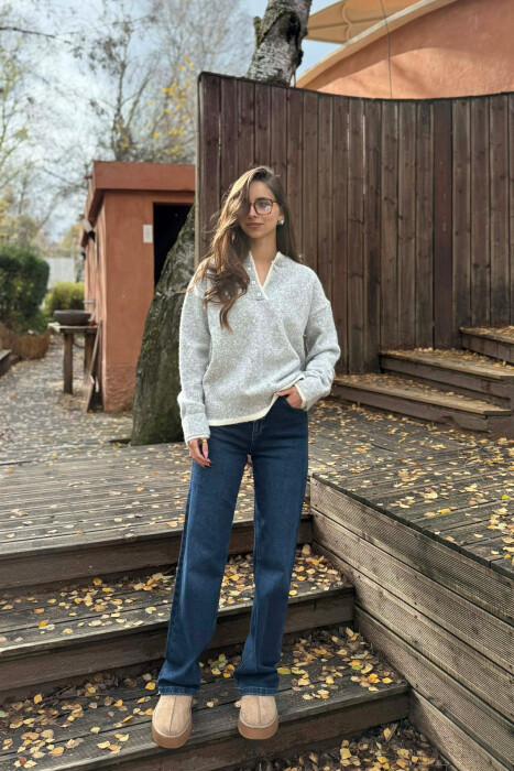 BUTTONED NECK SIMPLE WOMEN SWEATER LIGHT GREY/GZ 