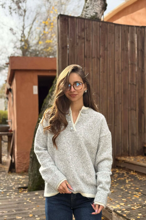 BUTTONED NECK SIMPLE WOMEN SWEATER LIGHT GREY/GZ - 3