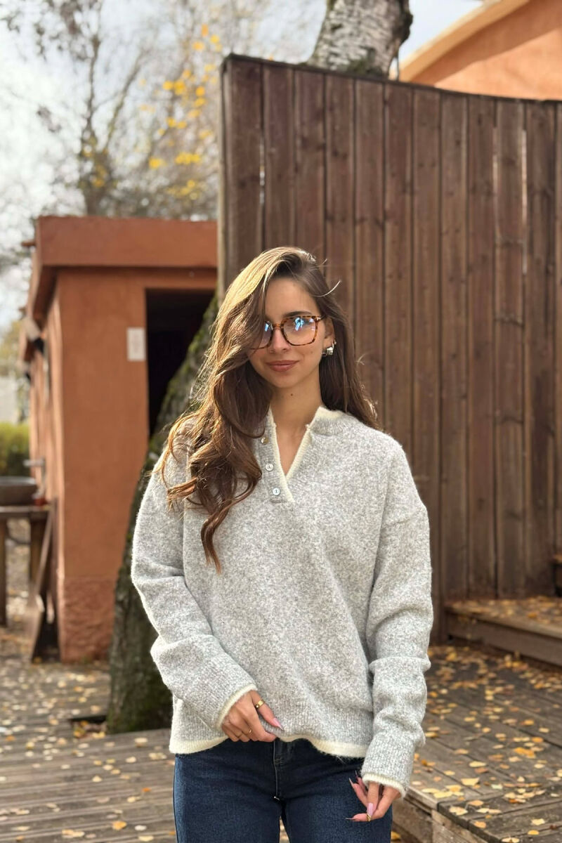 BUTTONED NECK SIMPLE WOMEN SWEATER LIGHT GREY/GZ - 3